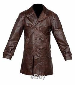 Vintage Men Brown Distressed Cow Hide Real Leather Long Trench Coat Jacket