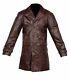 Vintage Men Brown Distressed Cow Hide Real Leather Long Trench Coat Jacket