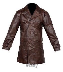 Vintage Men Long Trench Coat Jacket Brown Distressed Cow Hide Real Leather