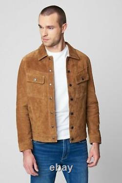 Vintage Men's Distressed Suede Leather Bomber Jacket Brown Buttoned Shirt