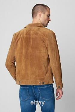Vintage Men's Distressed Suede Leather Bomber Jacket Brown Buttoned Shirt