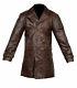 Vintage Mens Brown Distressed Cow Hide Real Leather Long Trench Coat Jacket