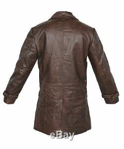 Vintage Mens Brown Distressed Cow Hide Real Leather Long Trench Coat Jacket