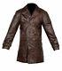 Vintage Mens Brown Distressed Cow Hide Real Leather Long Trench Coat Jacket Uk