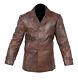 Vintage Mens Brown Distressed Cow Hide Real Leather Pea Coat Jacket