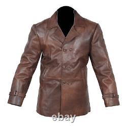 Vintage Mens Brown Distressed Cow Hide Real Leather Pea Coat Jacket