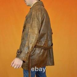 Vintage Real Leather Trench Coat Quilted Jacket Distressed Retro Grunge 80s 90s