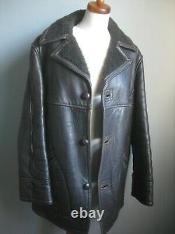 Vintage black leather borg fur distressed sheepskin style COAT JACKET 38 40 42 M