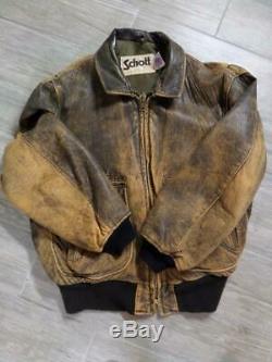 Vintage distressed patina SCHOTT leather BOMBER jacket MEDIUM SHORT brown