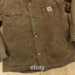 Vtg usa made CARHARTT lined chore jacket LARGE TALL distressed workwear canvas