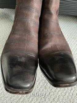 YSL Rive Gauche Brown Distressed Croc Embossed Men's Boots Size 41 EU