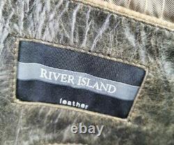 #b4 Mens River Island Distressed Brown Leather Jacket Blazer XL