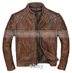 Biker Homme Cafe Racer Vintage Moto Détresse Tan Brun Veste En Cuir