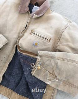 Carhartt Detroit Blanket Lined Jacket Tan Size Moyenne Détresse Thrashed Vtg
