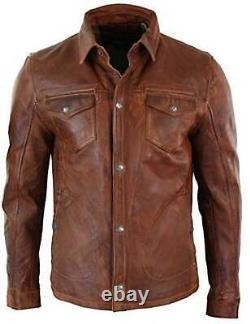 Chemise en cuir véritable marron vieilli et ciré avec boutons pour motards vintage
