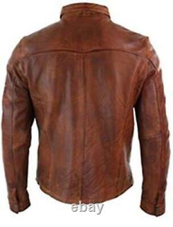 Chemise en cuir véritable marron vieilli et ciré avec boutons pour motards vintage