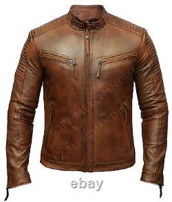 Club de motards pour hommes Nouvelle veste en cuir véritable vintage marron classique avec diamants vieillis