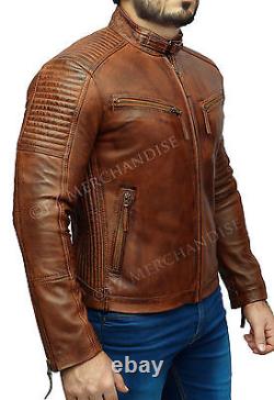 Club de motards pour hommes Nouvelle veste en cuir véritable vintage marron classique avec diamants vieillis