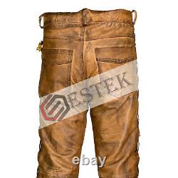 Cowhide En Cuir Pour Homme Brown Vintage De Stressed Wax Stylish Side Laced Biker Pantalon