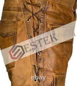 Cowhide En Cuir Pour Homme Brown Vintage De Stressed Wax Stylish Side Laced Biker Pantalon