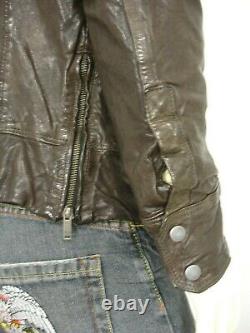 Diesel Brown Distressed Vintaged Sheepskin Leather Zip Front Jacket Homme L