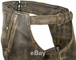 Distressed Brown Hommes Cuir 4 Poches Doublées Thermique Moto Chaps Mlm5500