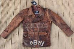 Eddie 3/4 Hommes Moto Long Motard Brown Distressed Vintage Vestes En Cuir