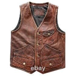 Gilet de moto en cuir véritable pour hommes, vintage, distressed, marron