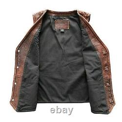 Gilet de moto en cuir véritable pour hommes, vintage, distressed, marron