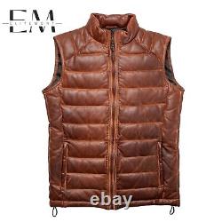 Gilet matelassé en cuir pour homme, marron vieilli, doudoune chaude, gilet isolant.