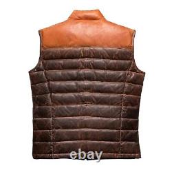 Gilet rembourré en cuir ciré bicolore pour homme, veste chaude en duvet, taille XS à 8XL