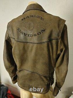 Harley Davidson Billings Brown Leather Jacket Mens Med Menthe En Détresse
