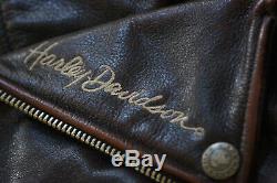 Harley Davidson Brown Distressed Hommes En Cuir Vintage Veste D-xl Pocket Rare