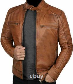 Homme Biker Cafe Racer Vintage Moto Détresse Brown Veste En Cuir Ban