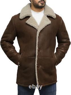 Hommes Classique En Cuir Véritable Sheepskin Allemand Manteau Long Manteau Vintage Brown