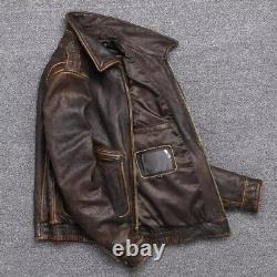 Hommes Vintage Veste en cuir de mouton véritable marron foncé vieilli style motard col officier