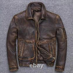 Hommes Vintage Veste en cuir de mouton véritable marron foncé vieilli style motard col officier