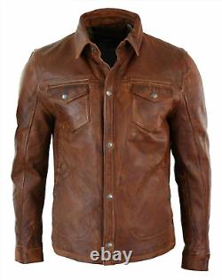 Hommes chemise de course de café aviateur rétro en cuir véritable marron en détresse