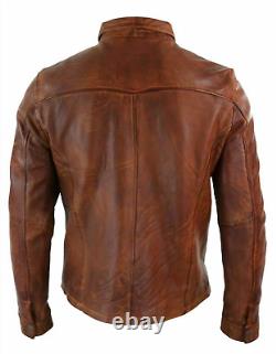 Hommes chemise de course de café aviateur rétro en cuir véritable marron en détresse