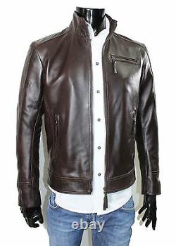 Italien Handmade Men Soft Lambskin Leather Slim Fit Jacket Brown Distressed Sz L