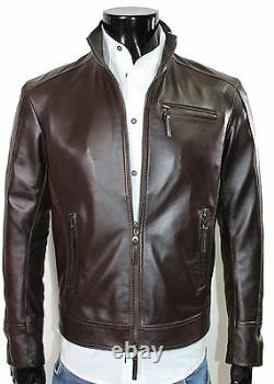 Italien Handmade Men Soft Lambskin Leather Slim Fit Jacket Brown Distressed Sz L