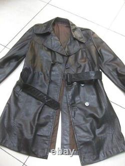 MANTEAU TRENCH EN CUIR VINTAGE 40 38 long usé rétro véritable militaire doux