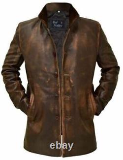 Manteau de voiture classique pour hommes - Manteau en cuir marron vieilli pour hommes - Veste en cuir mi-longueur pour hommes