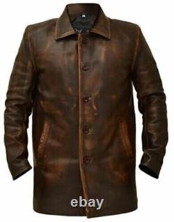 Manteau de voiture classique pour hommes - Manteau en cuir marron vieilli pour hommes - Veste en cuir mi-longueur pour hommes