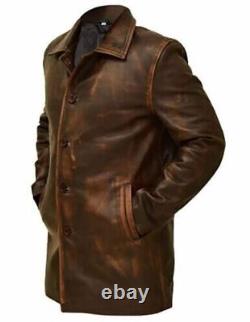 Manteau de voiture classique pour hommes - Manteau en cuir marron vieilli pour hommes - Veste en cuir mi-longueur pour hommes