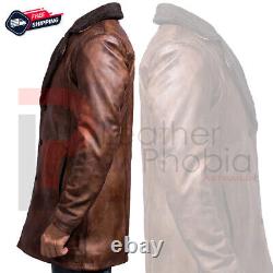 Manteau en fourrure brune usée pour homme en cuir véritable, confortable, long et en fourrure