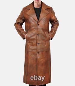 Manteau long en cuir véritable marron décontracté et usé pour Halloween