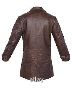 Manteau long trench pour homme vintage en cuir de vachette brun vieilli