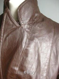 Manteau trench en cuir long vintage pour hommes, taille 36 34 UK 12 10, ceinture steampunk usée.