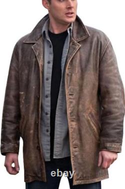 Manteau trench en cuir véritable vintage brun vieilli pour homme de longueur moyenne